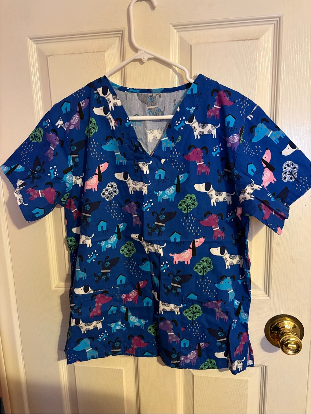 Butter Royal Blue Dog-Print V-Neck Short Sleeve Top